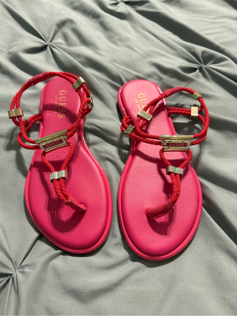GUESS Women's Hot Pink Braided Rope Sandals with Gold Accents